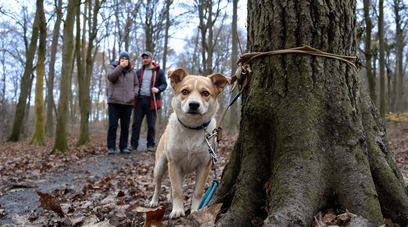 En plein trail en forêt, des promeneurs stoppent net devant un jeune chien attaché à un arbre En plein trail en forêt, des promeneurs stoppent net devant un jeune chien attaché à un arbre
